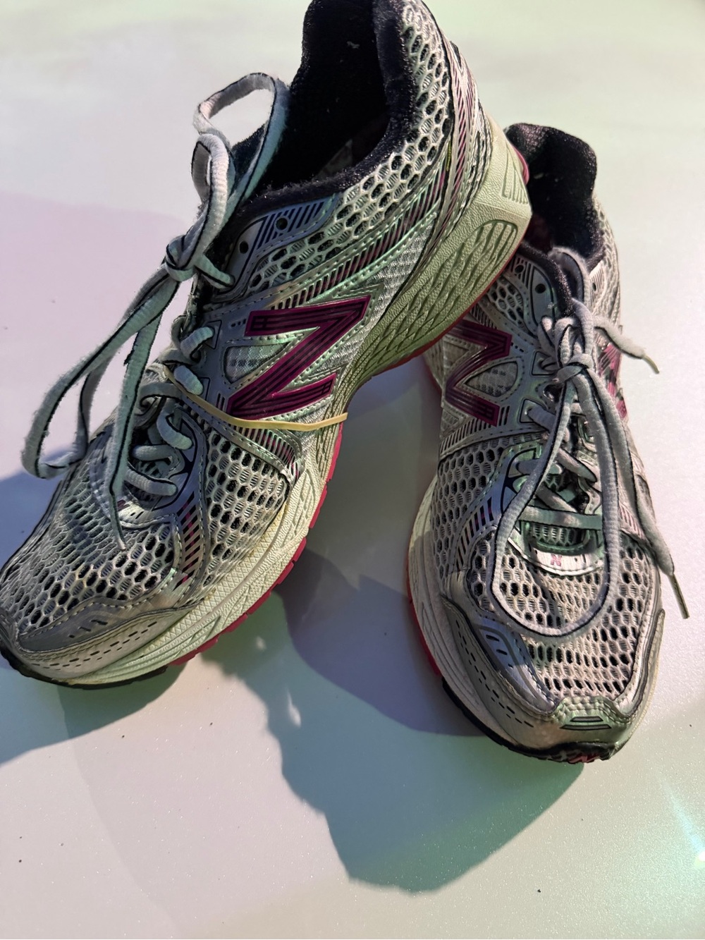 New Balance Women's Athletic Running Shoes in Light Gray with Pink Accents